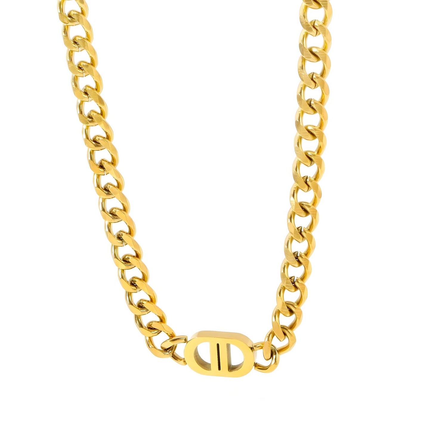 18K Gold-Plated Cuban Chain Necklace with Centre Accent