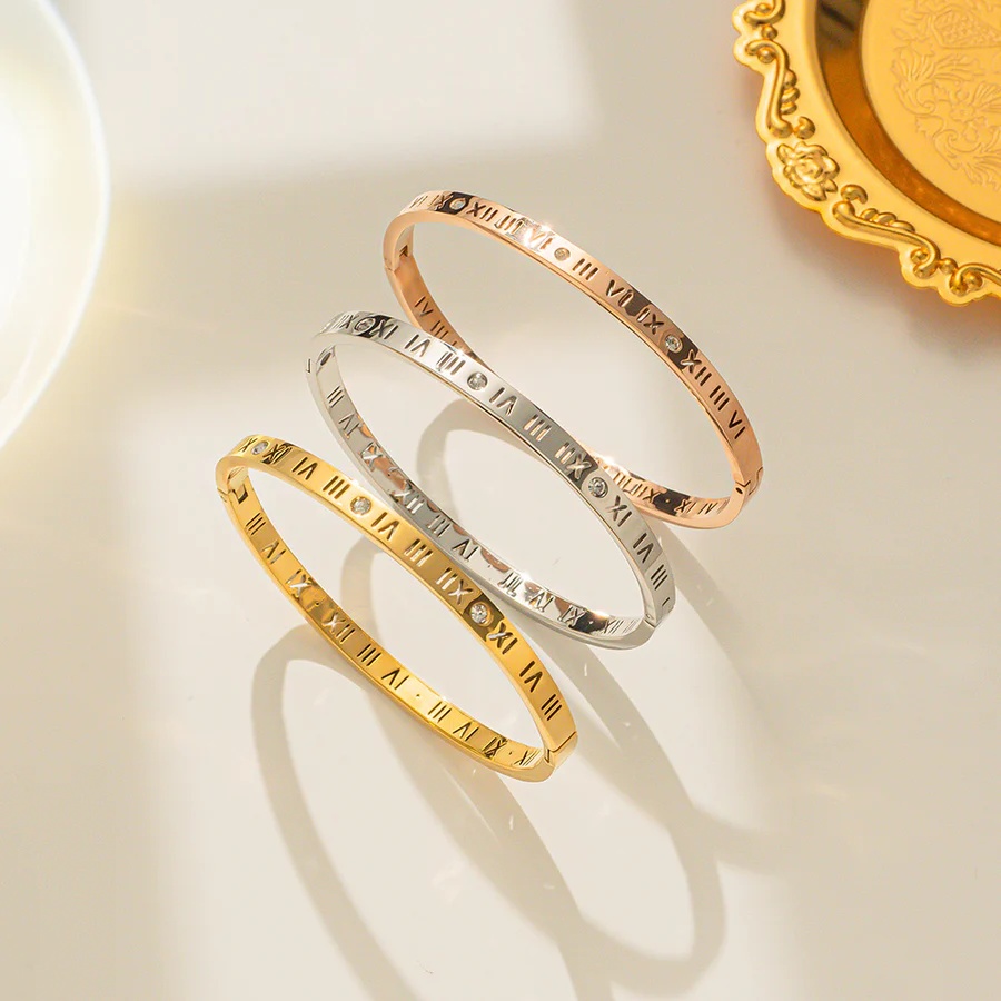 Roman Numeral Bangles Set - Rose Gold, Gold & Silver